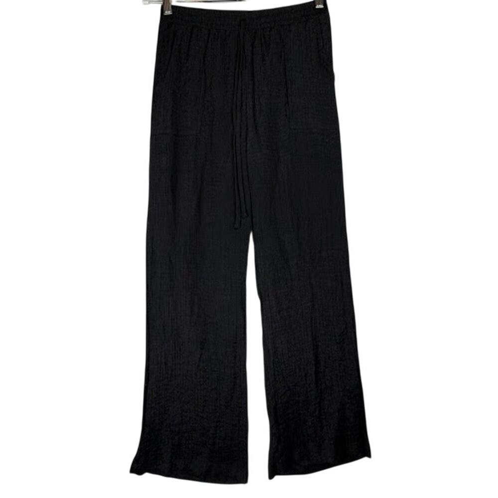 Blu Pepper Black Wide Leg Pants Women's Large Elastic Drawstring Waist Textured